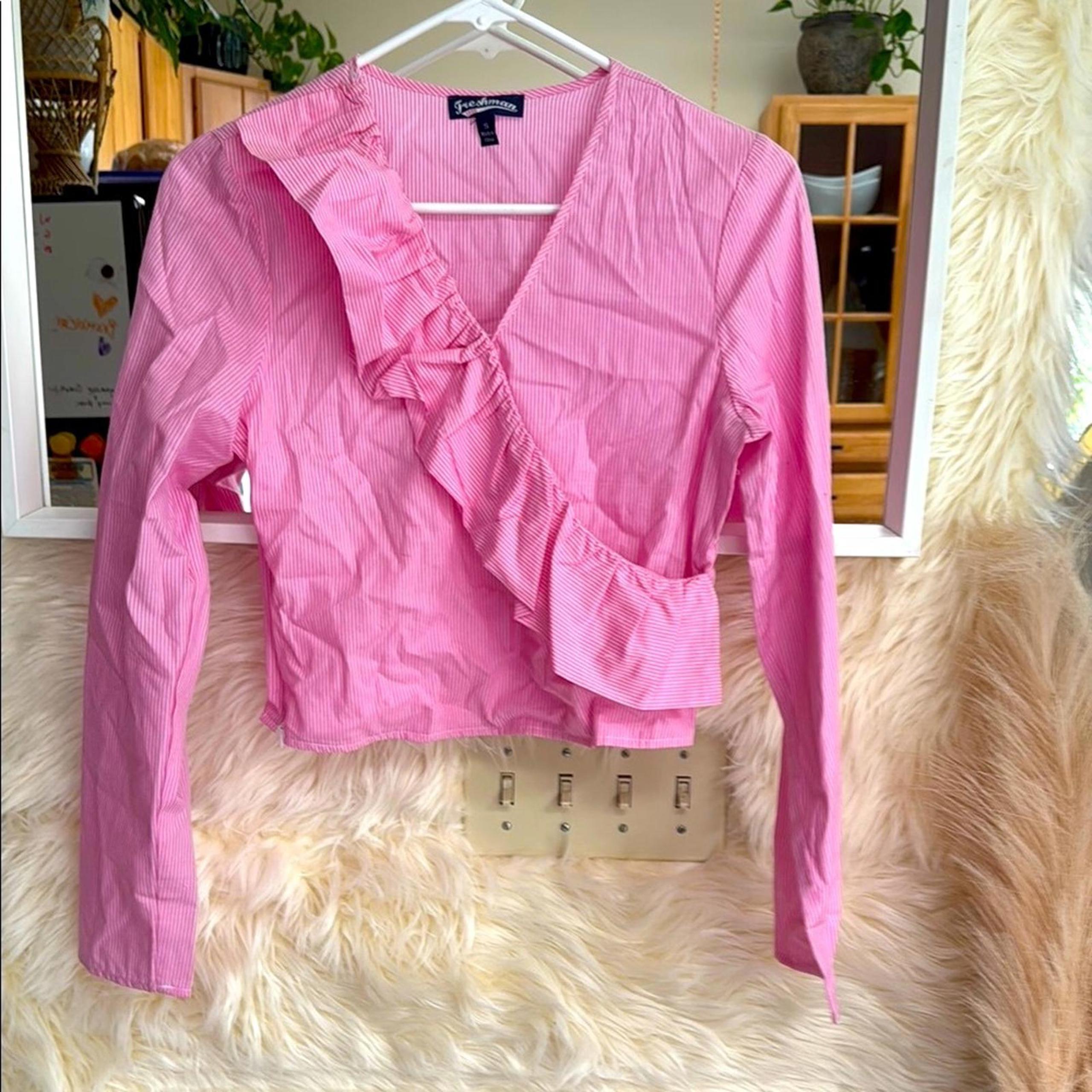 Freshman Pink Ruffled and striped V-Neck wrap Top NWOT