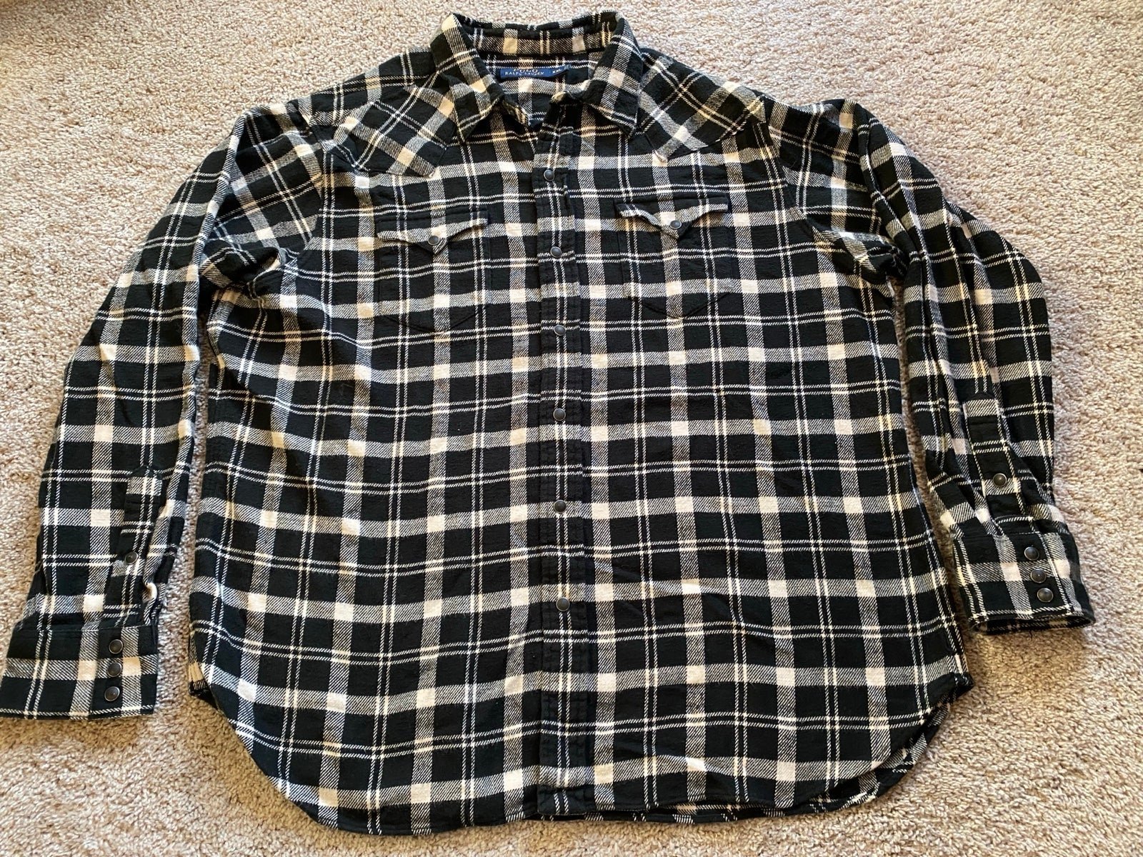 Polo Ralph Lauren XXL Men Black White Tartan Plaid Snap Up Preppy LRL SKU19