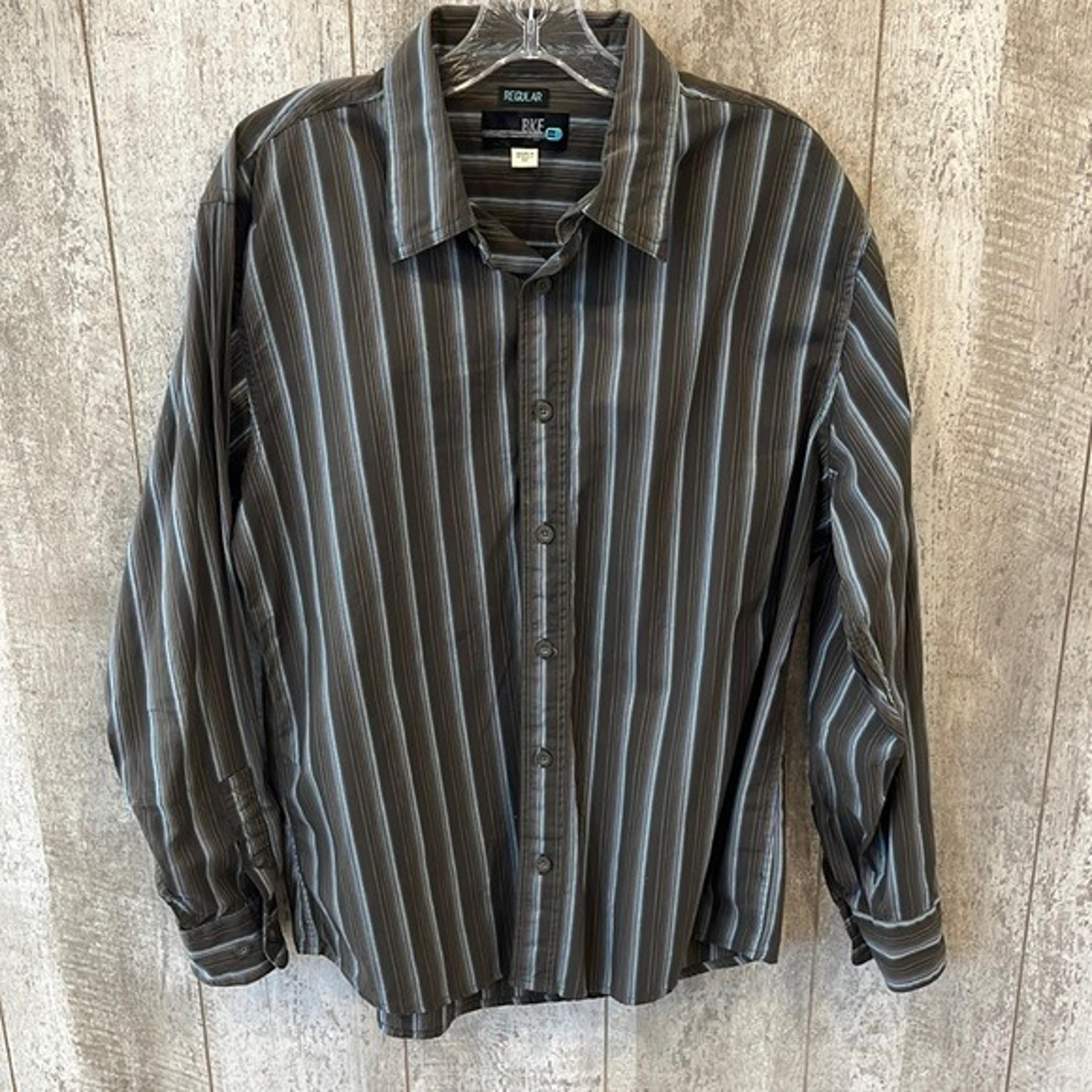 Men’s Long Sleeved Button-up Striped Dress Shirt Medium Dark Gray - BKE