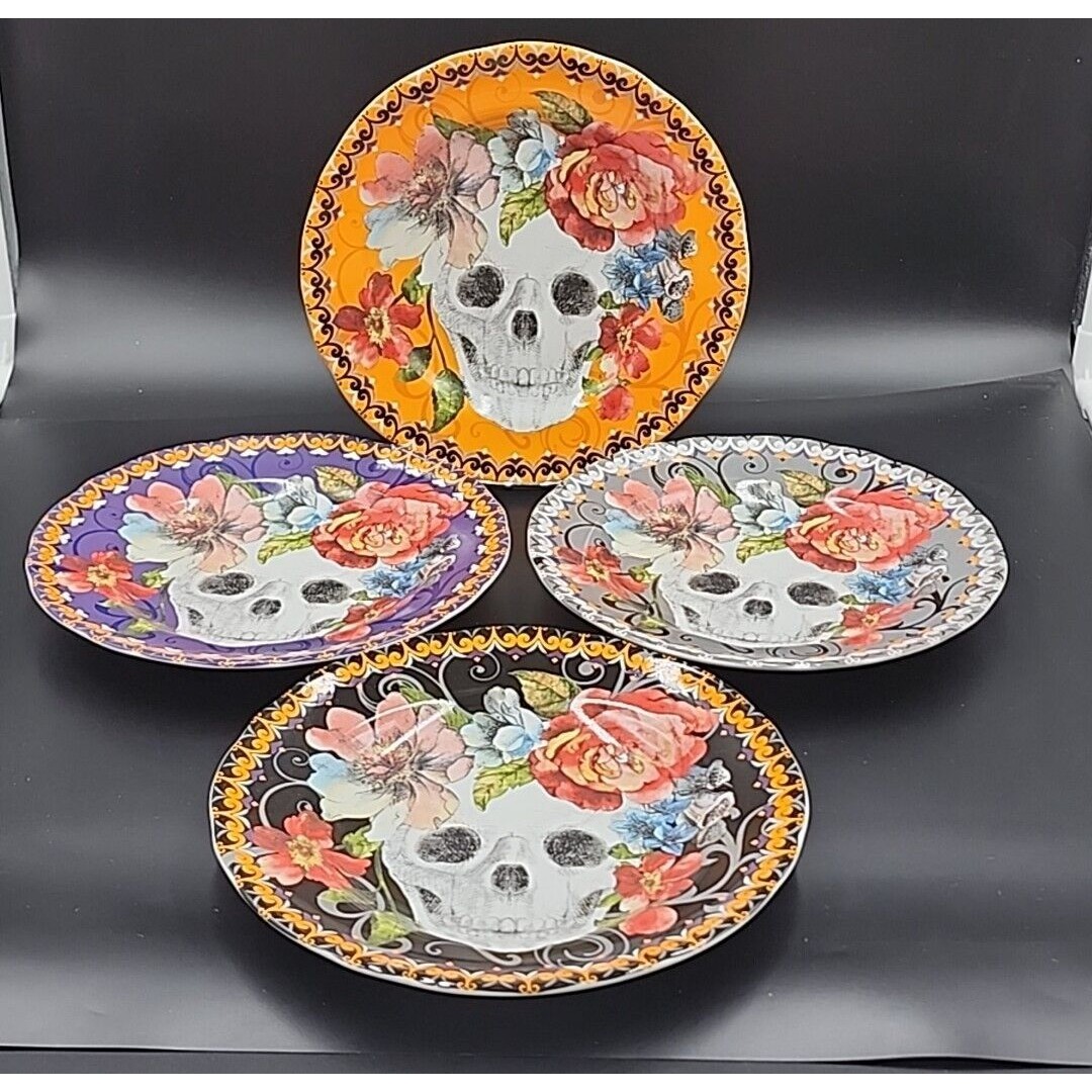 222 Fifth Marbella Skull Plates Salad Bread Floral Multi Color set of 4 8.5” NWT