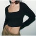 ZARA Ribbed Crop Top Square Scoop Neck Hook and Eye Long Sleeve Black 0085/473