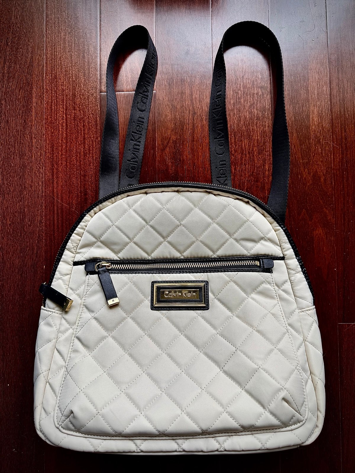NEW Calvin Klein Quilted Nylon Backpack Ivory Black Logo Straps