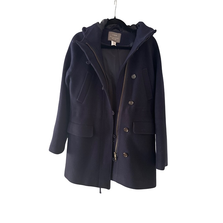 J.Crew Navy Blue Wool Blend Stadium Cloth Coat Size 8 With Button & Zip Closure