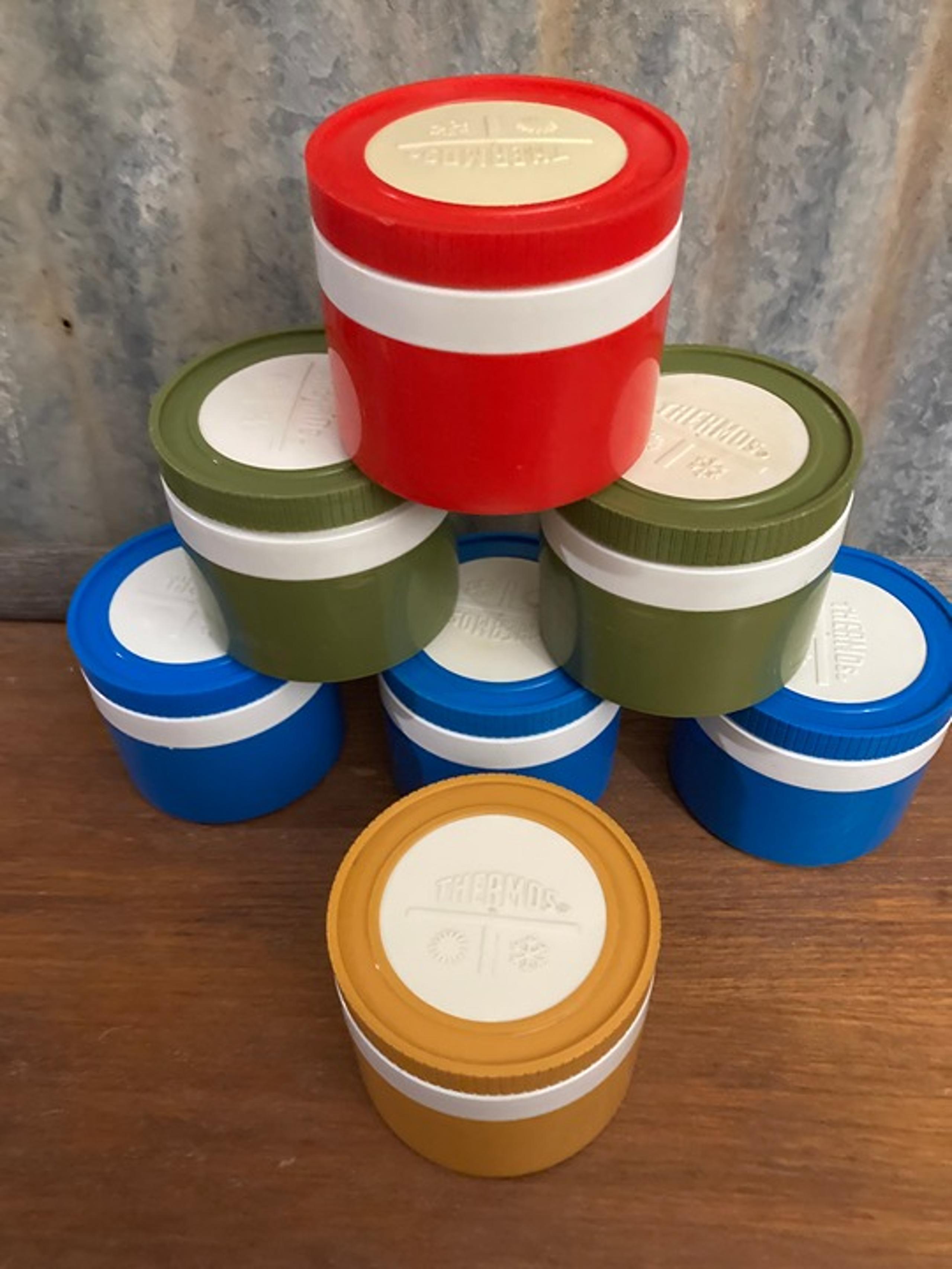 7 thermos food jars storage containers vintage insulated blue red green yellow