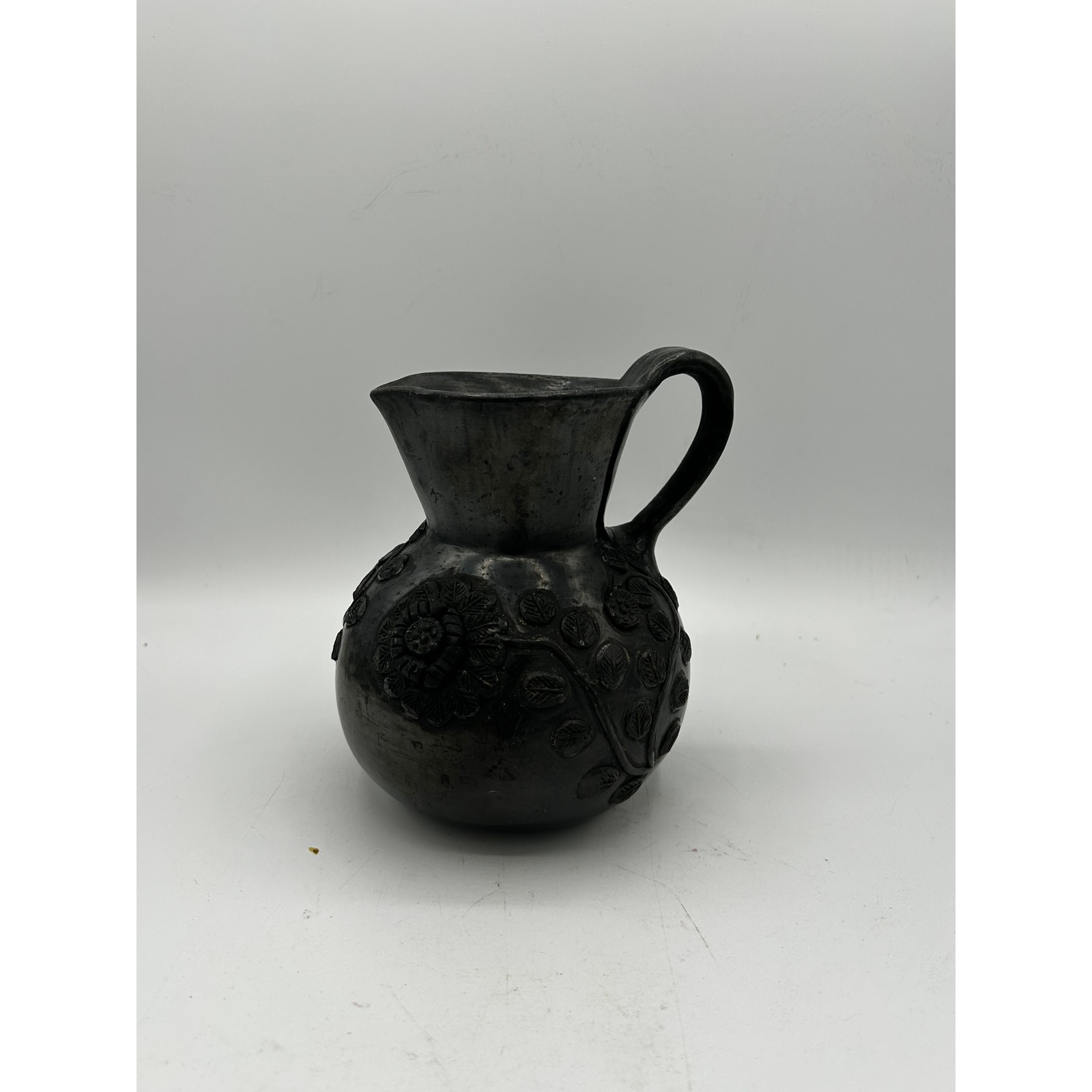 Dona Rosa Original VTG Black Pottery Floral Etched Pitcher Vase Rustic Mexico