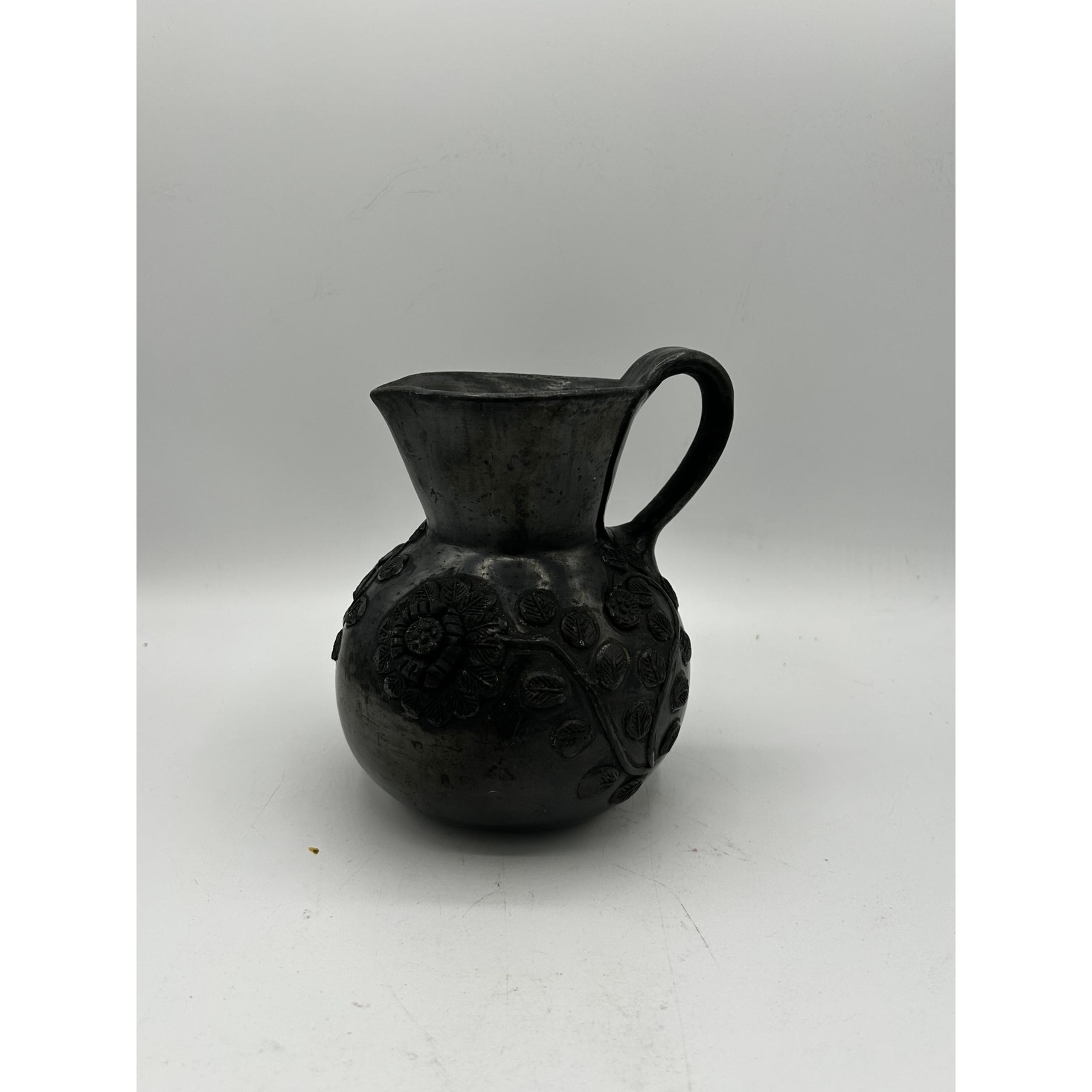 Dona Rosa Original VTG Black Pottery Floral Etched Pitcher Vase Rustic Mexico