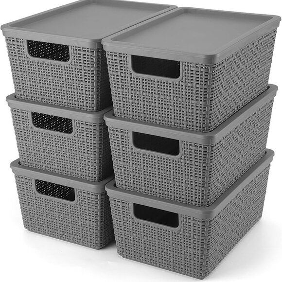 NEW Set of 6 Plastic Storage Basket with Lids Lidded Storage Bins Shelf Baskets.