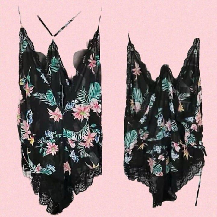 INC XXL Black Tropical Floral Chiffon Print Lace Trim Drawstring Tie Sides Teddy