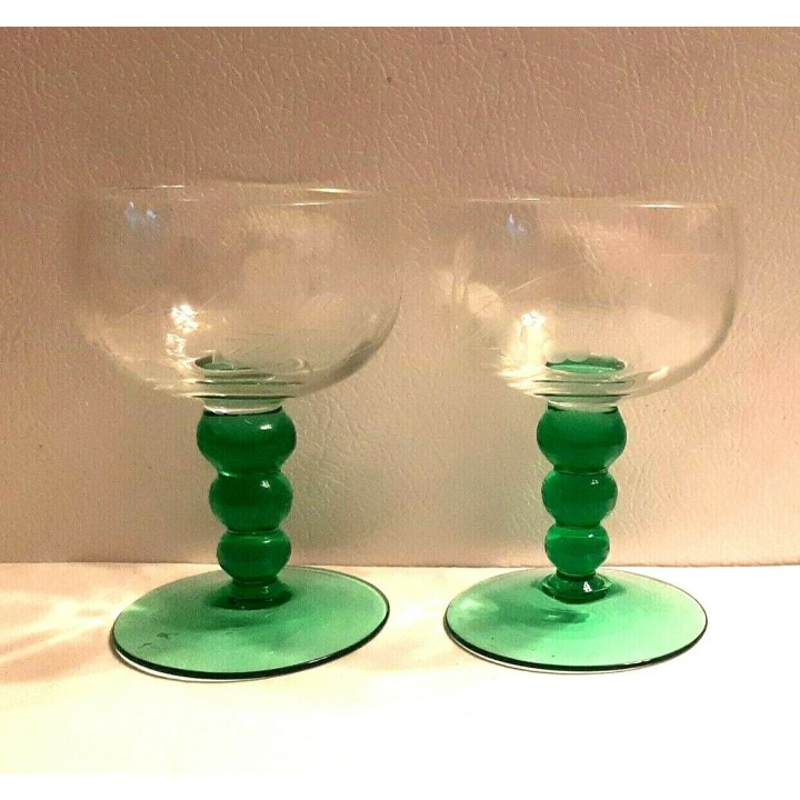 2 Vintage Emerald Green Bubble Stem Grape Etched Wine Glasses