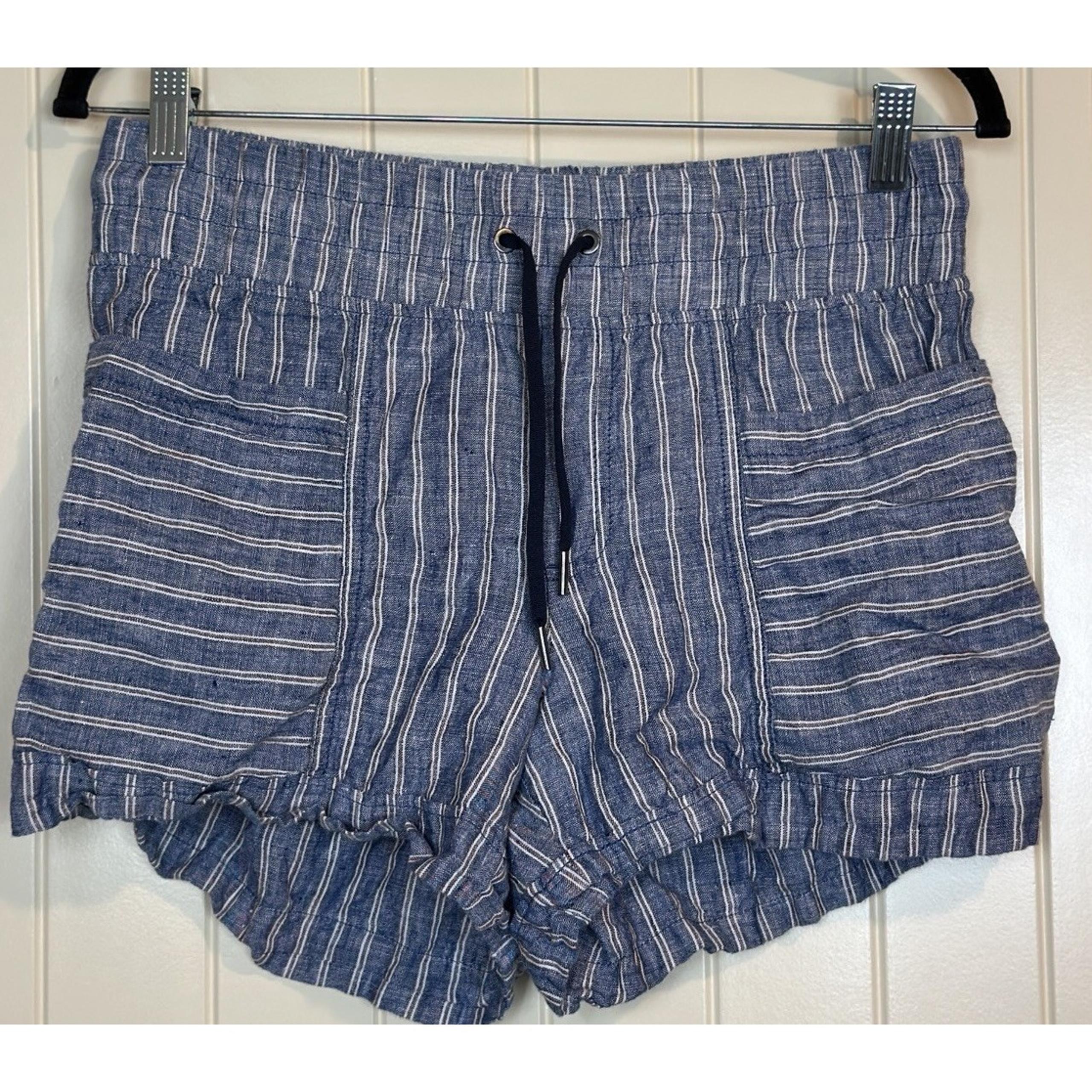 Athleta Cabo 100% Linen Short 3.5'' Blue Striped Pull On Elastic Waist Sz 6