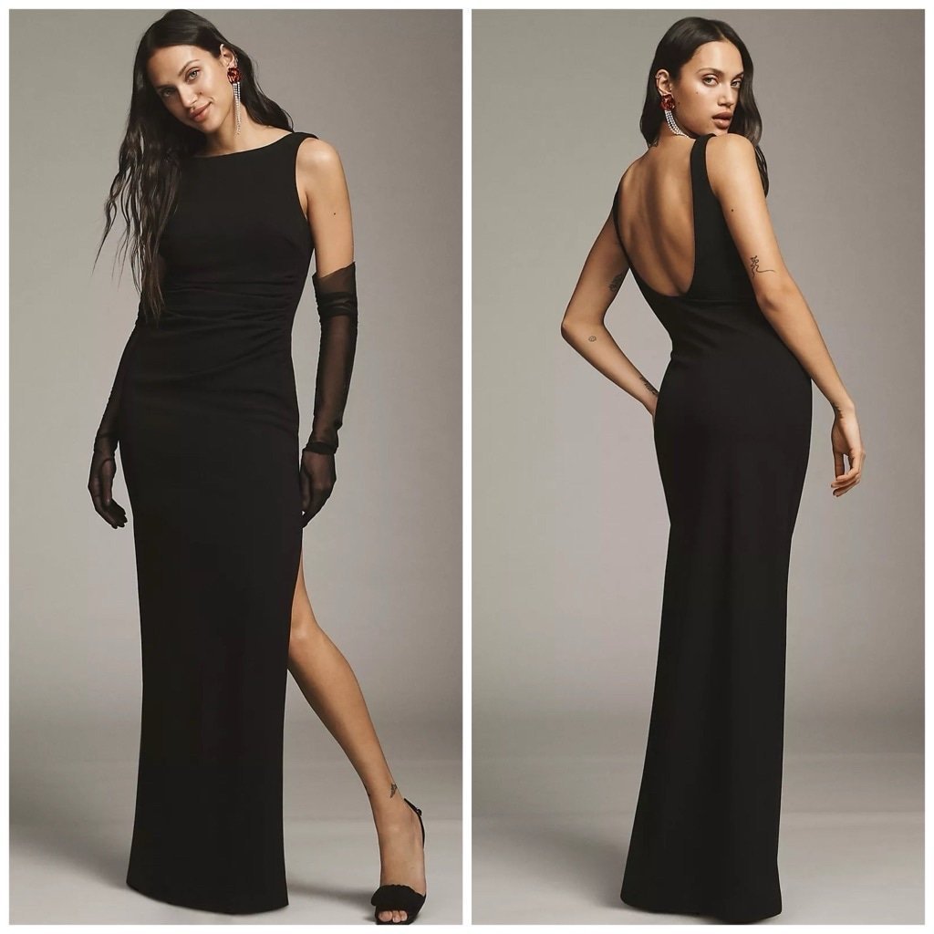 Anthropologie x BHLDN High-Neck Stretch Crepe Maxi Dress with Slit Black Size M