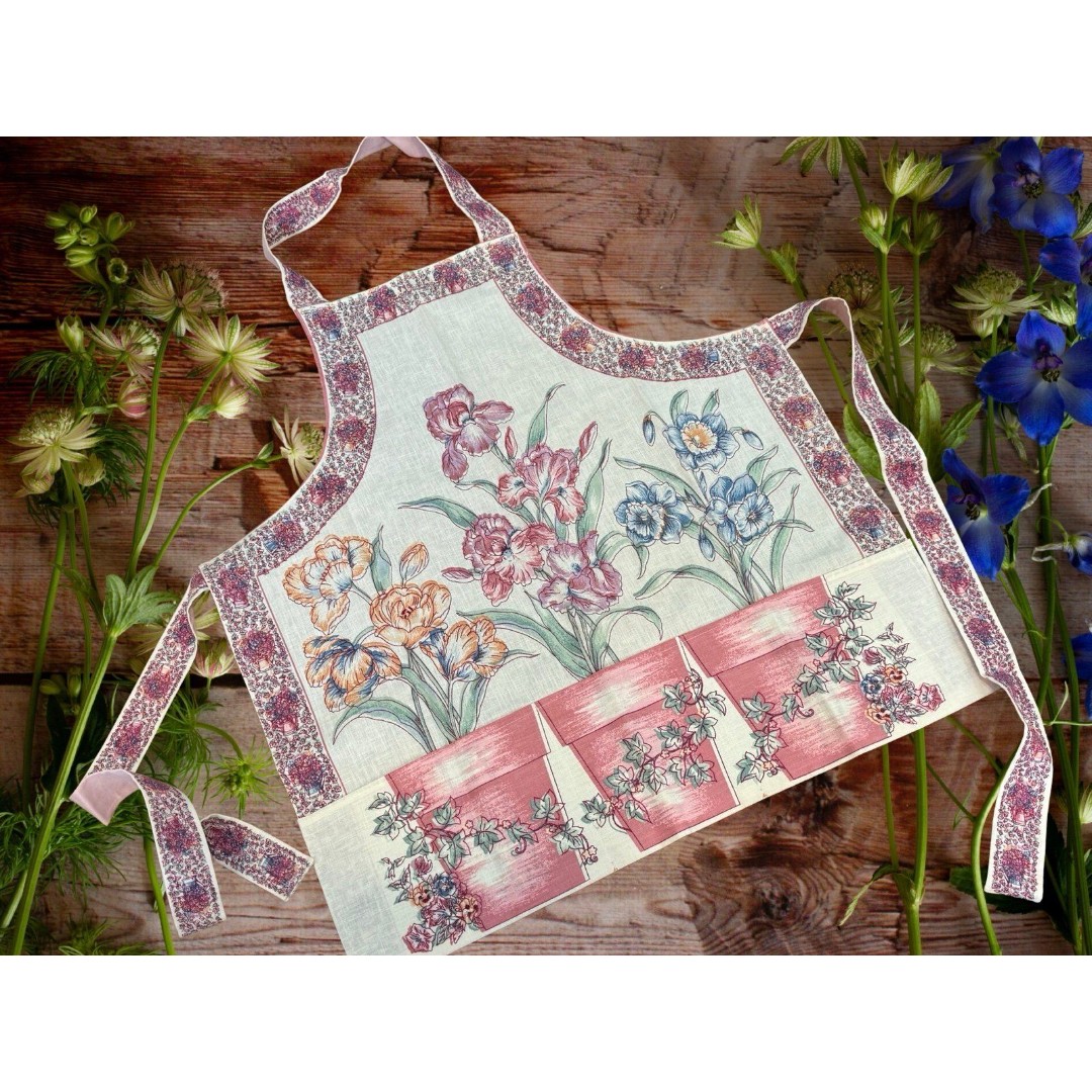 Vintage Garden Floral Iris Handmade Apron One-of-a-Kind!