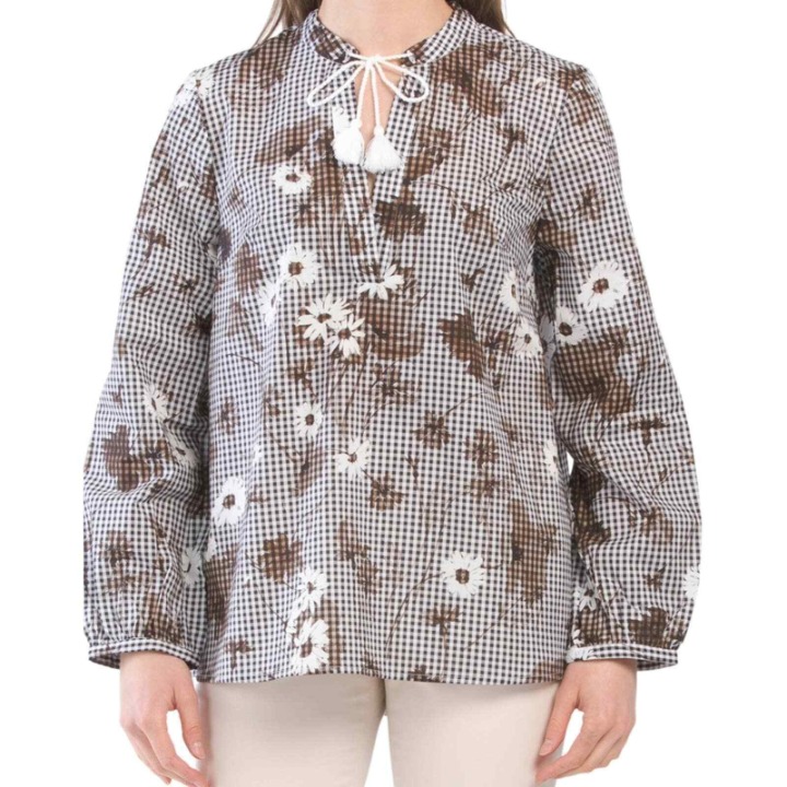 Pearl By Lela Rose Womens M Black Gingham Floral Tassel Neck Voile Tunic Top