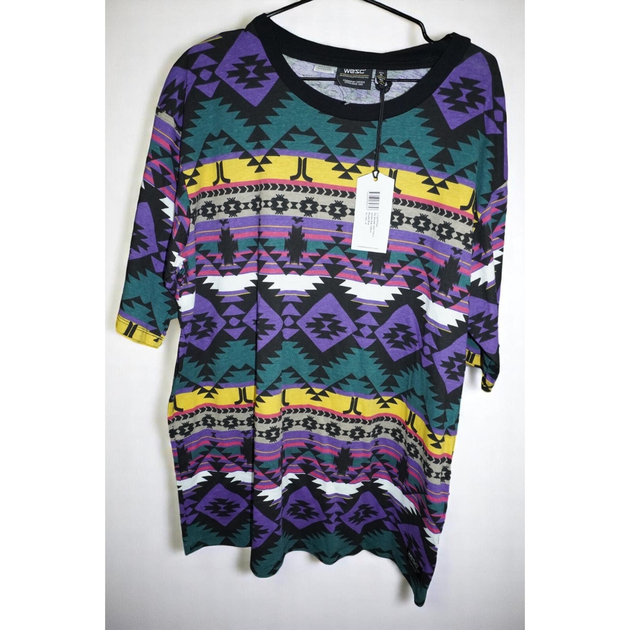 WESC Men’s XL Graphic Tribal Aztec Print T-Shirt – Bold Multicolor Streetwear –