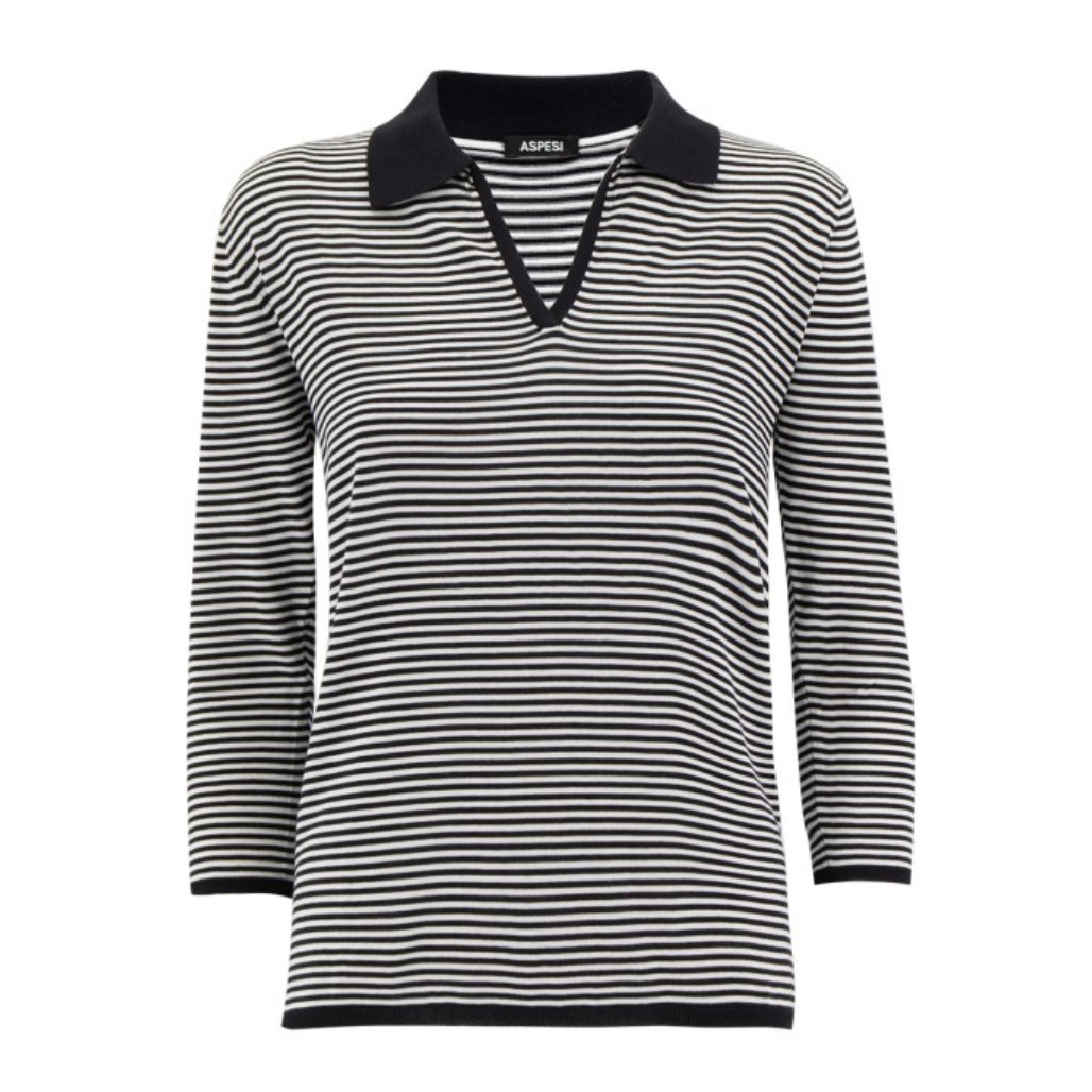 Aspesi Buttonless Polo Shirt Black White Stripe Women Medium 3/4 Sleeve Collared