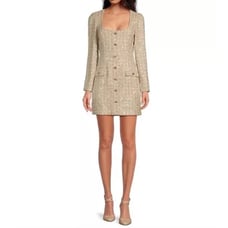Gianni Bini Lissy Dress Tweed Long Sleeve Button Sequin Beige Preppy US 2 NWT