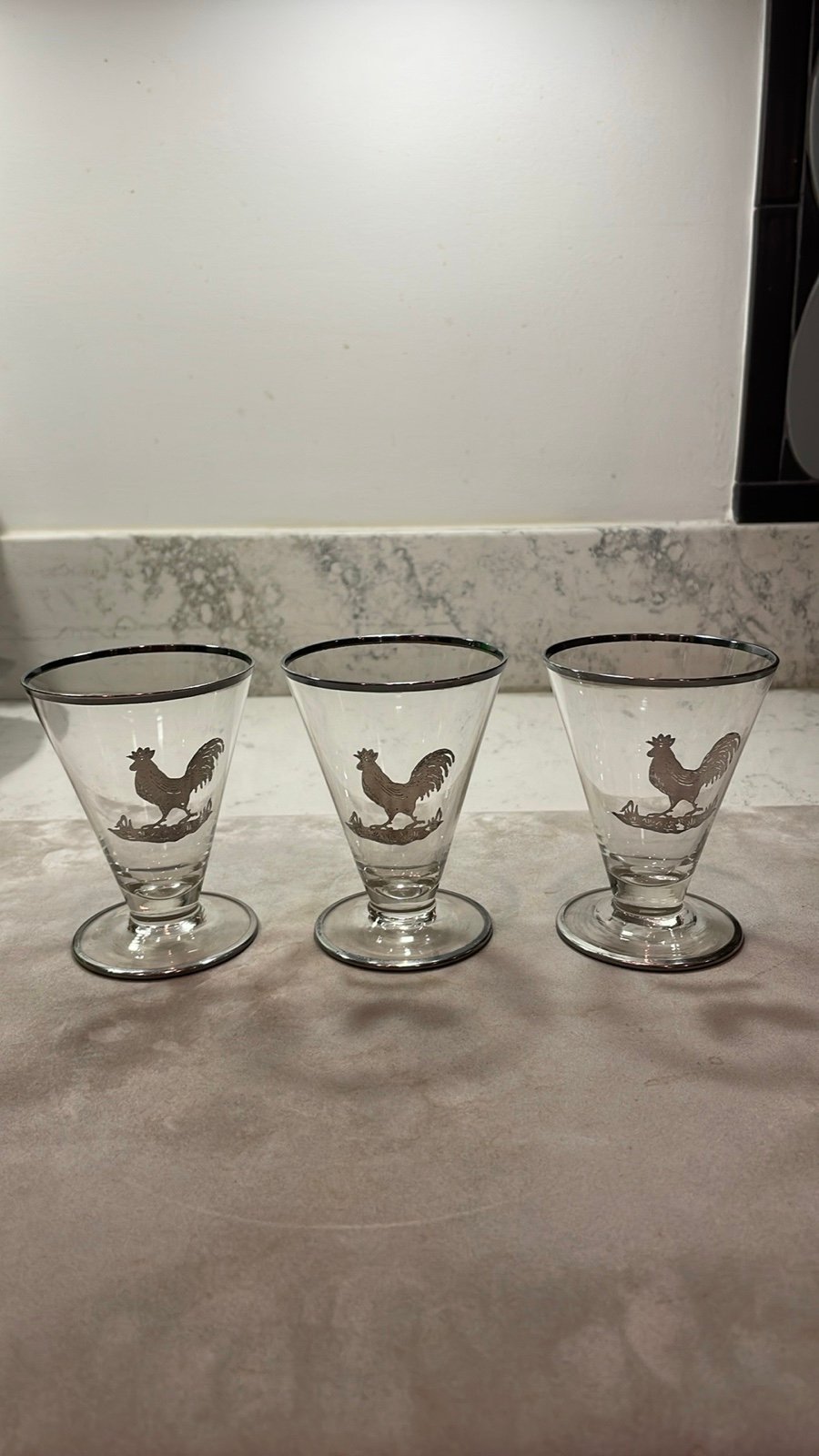 Antique Silver Overlay Rooster Cordials Set of 3 Glasses Cambridge Glass Company