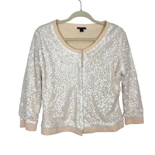 Lafayette 148 New York Wool Sequin Cardigan Womens Medium Cream White Snap Front