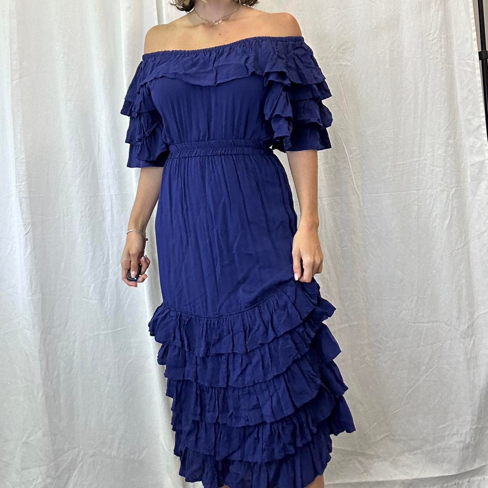 vintage deep blue ruffle maxi skirt and blouse set