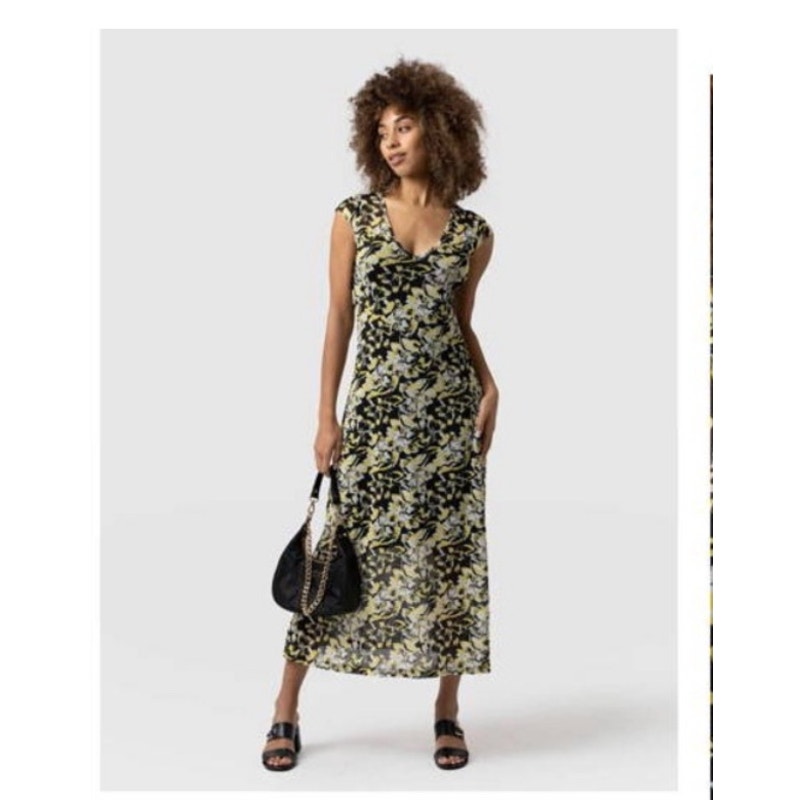 Saint + Sofia Poppy Mesh Midi V Neck Dress NWT