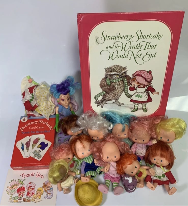 Strawberry Shortcake Lot Vintage 12 Dolls , Card Game, Post Card, And Book Toys