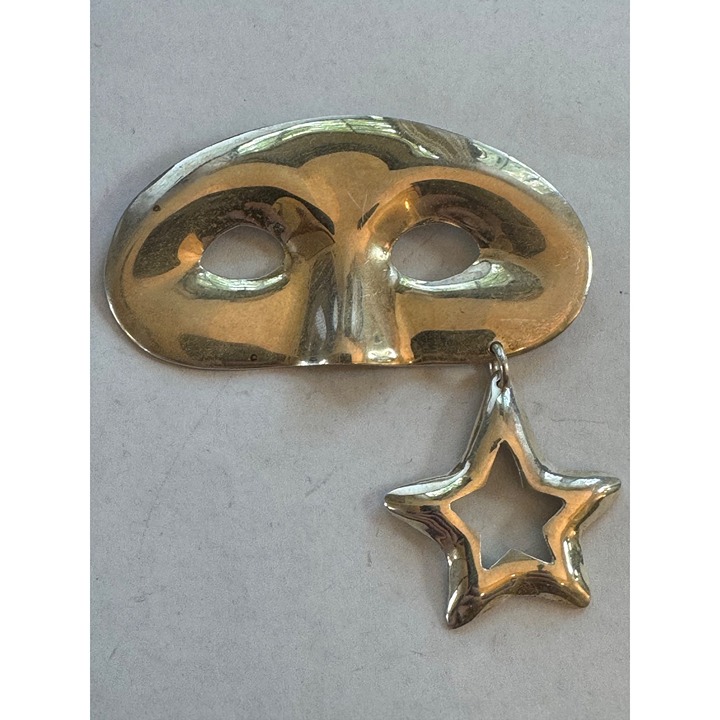 Vintage Mexico 925 Sterling Silver Masquerade Mask Brooch w/ Dangling Star Charm