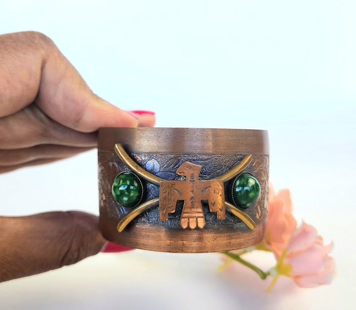 Vintage - Copper Thunder Bird/ Green Turquoise Stone - Cuff Bracelet