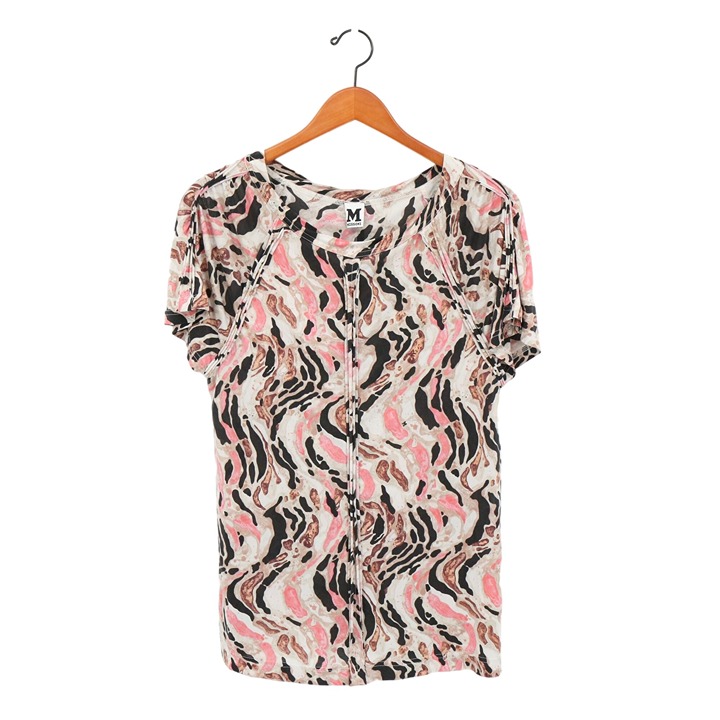 M Missoni Silk Knit Abstract Beige Black Pink Print Short Sleeve Top 4