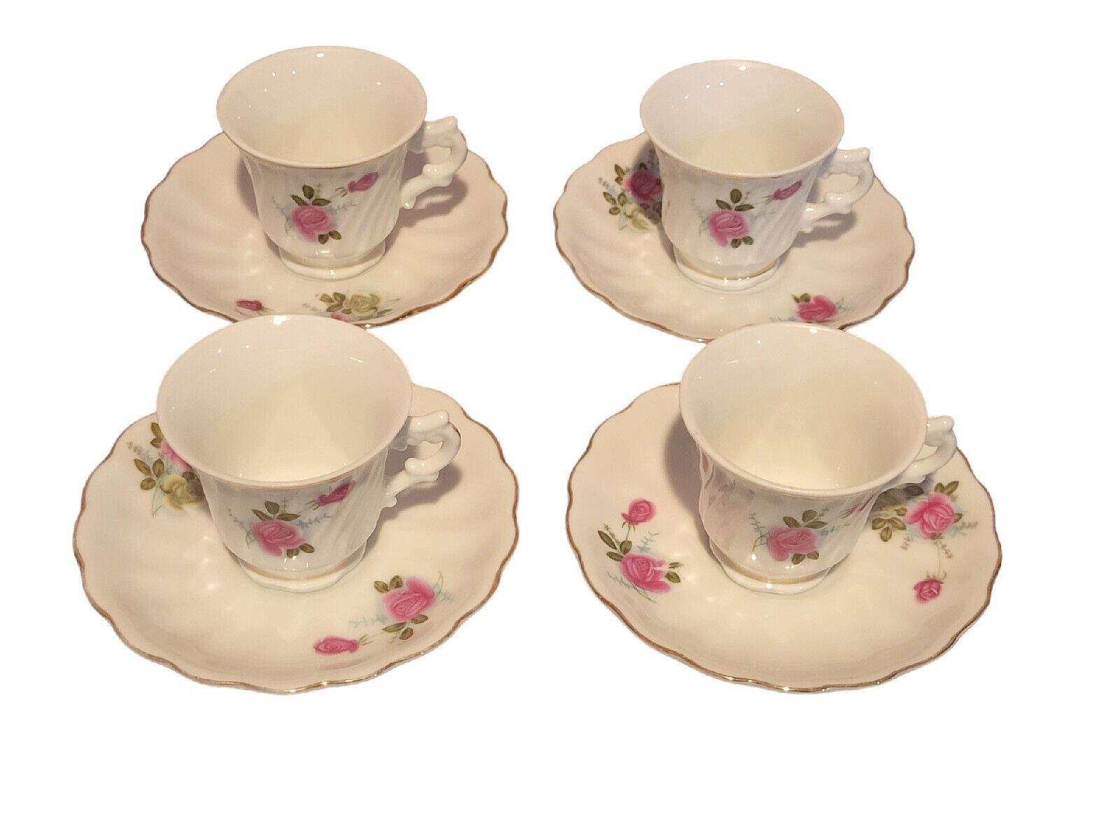 Set of 4 Vintage Miniature Cups and Saucers Rose Pattern Gold Trim