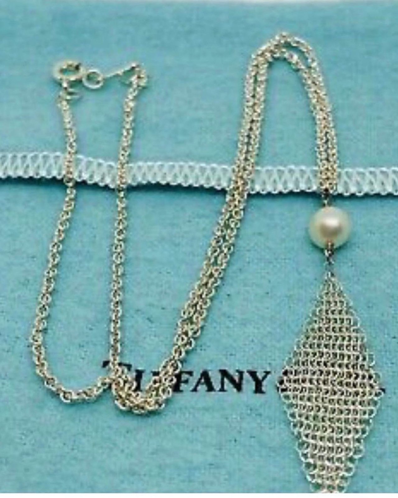 Tiffany sterling silver mesh pearl pendant necklace