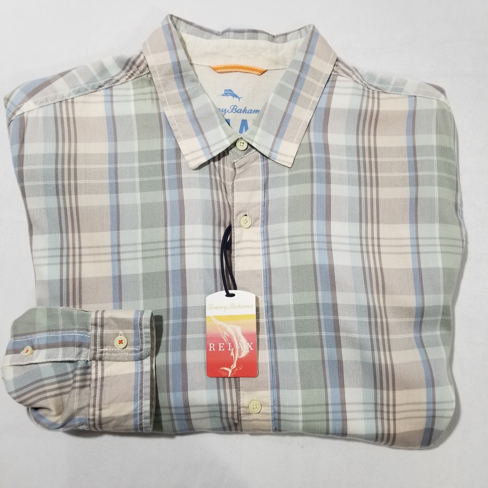 TOMMY BAHAMA NEW 158 Mens Size XL Madras Plaid Cotton Tencel Sport Shirt Blue