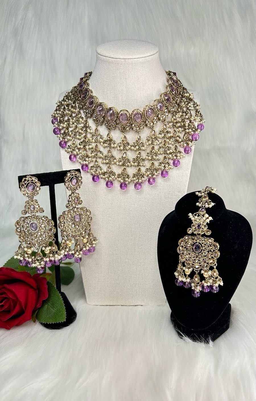 Gorgeous Waterfall Lavender & Gold Contrast Polki Necklace, Earrings & Tikka Set