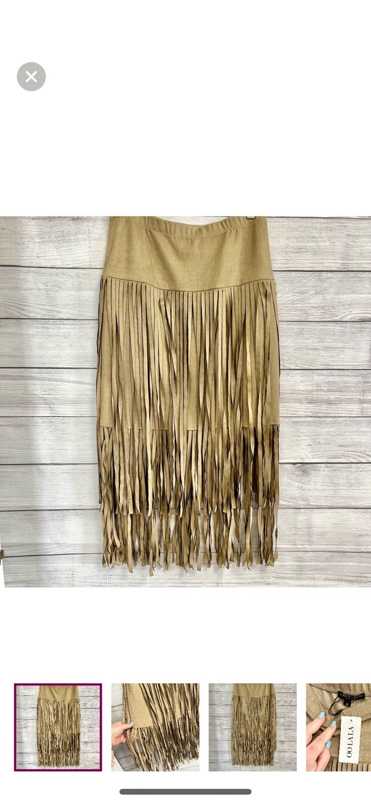 NEW 159 ALBERTO MAKALI FRINGE FAUX SUEDE ELASTIC WAISTBAND SKIRT TAUPE