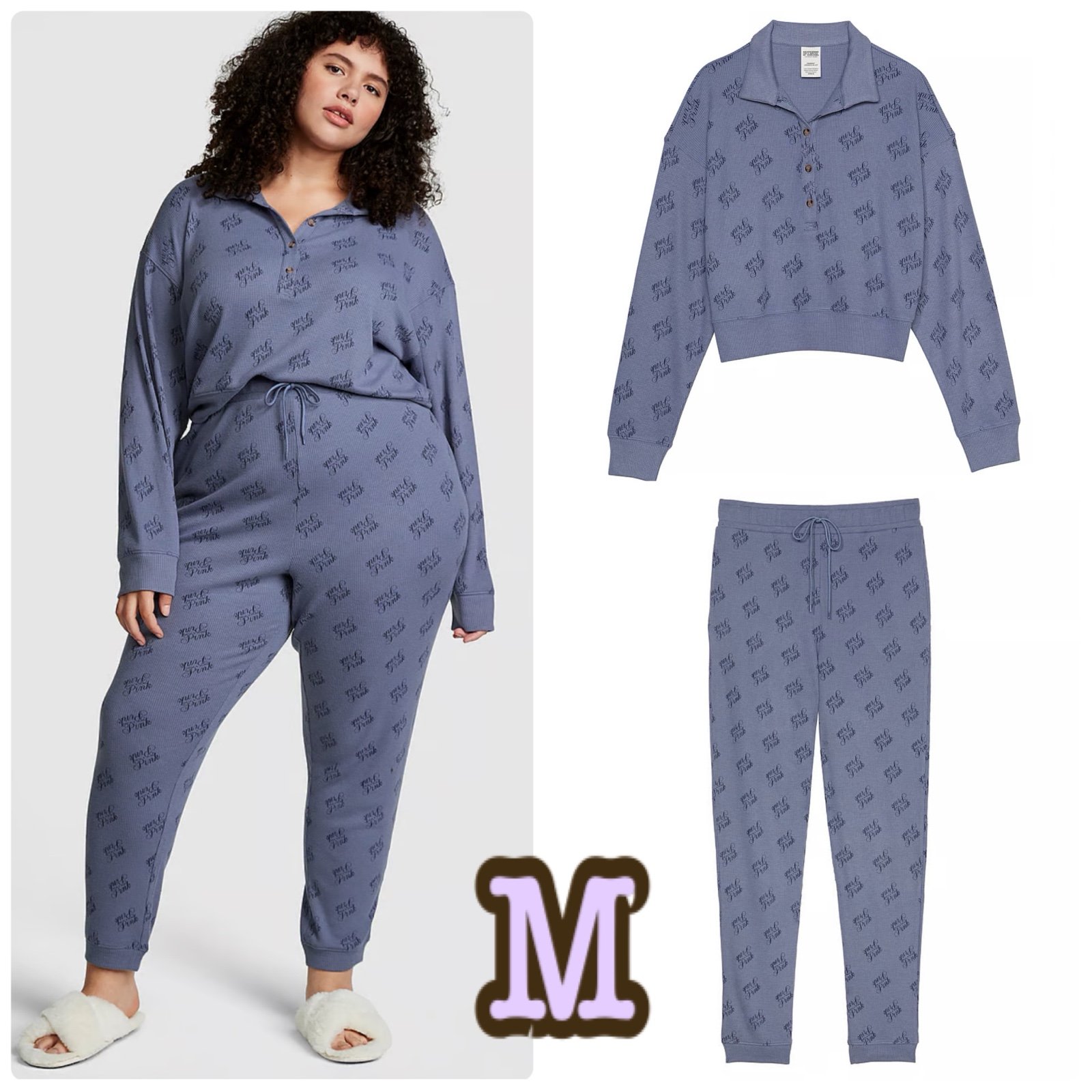 VS PINK Thermal Sleep Shirt Jogger Pants Set M Dusty Iris