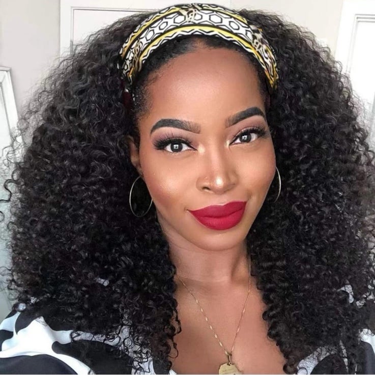 HUMAN HAIR Headband Wig Kinky Curly Brazilian Curly Scarf Wig Natural Color