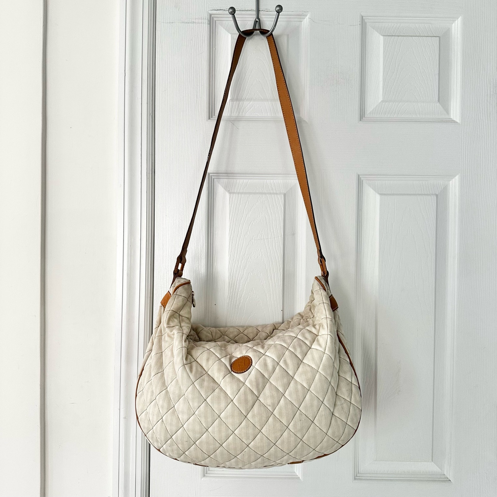 Fendi Vintage Cream White Quilted Faint Stripe Hobo Slouch Fabric Canvas Bag