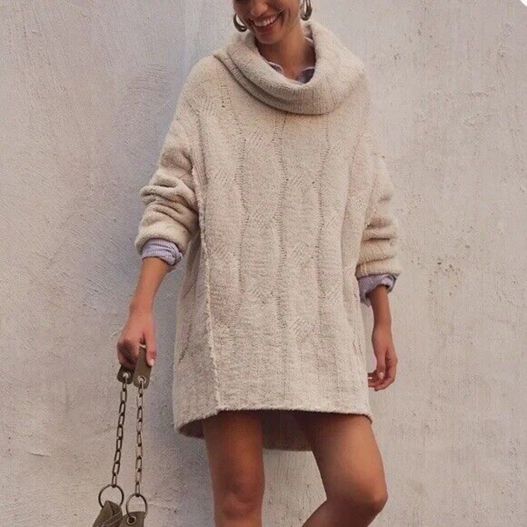 Free People Ice Cream Cable Knit Ivory Tunic Sweater Dress Small Oversized Flowy