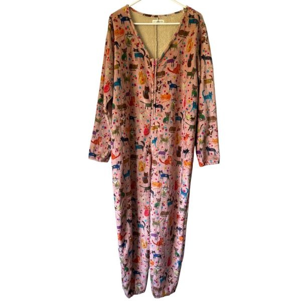Natural Life Cats Print One Piece Jumpsuit size XL Pink Multicolor Long Sleeve