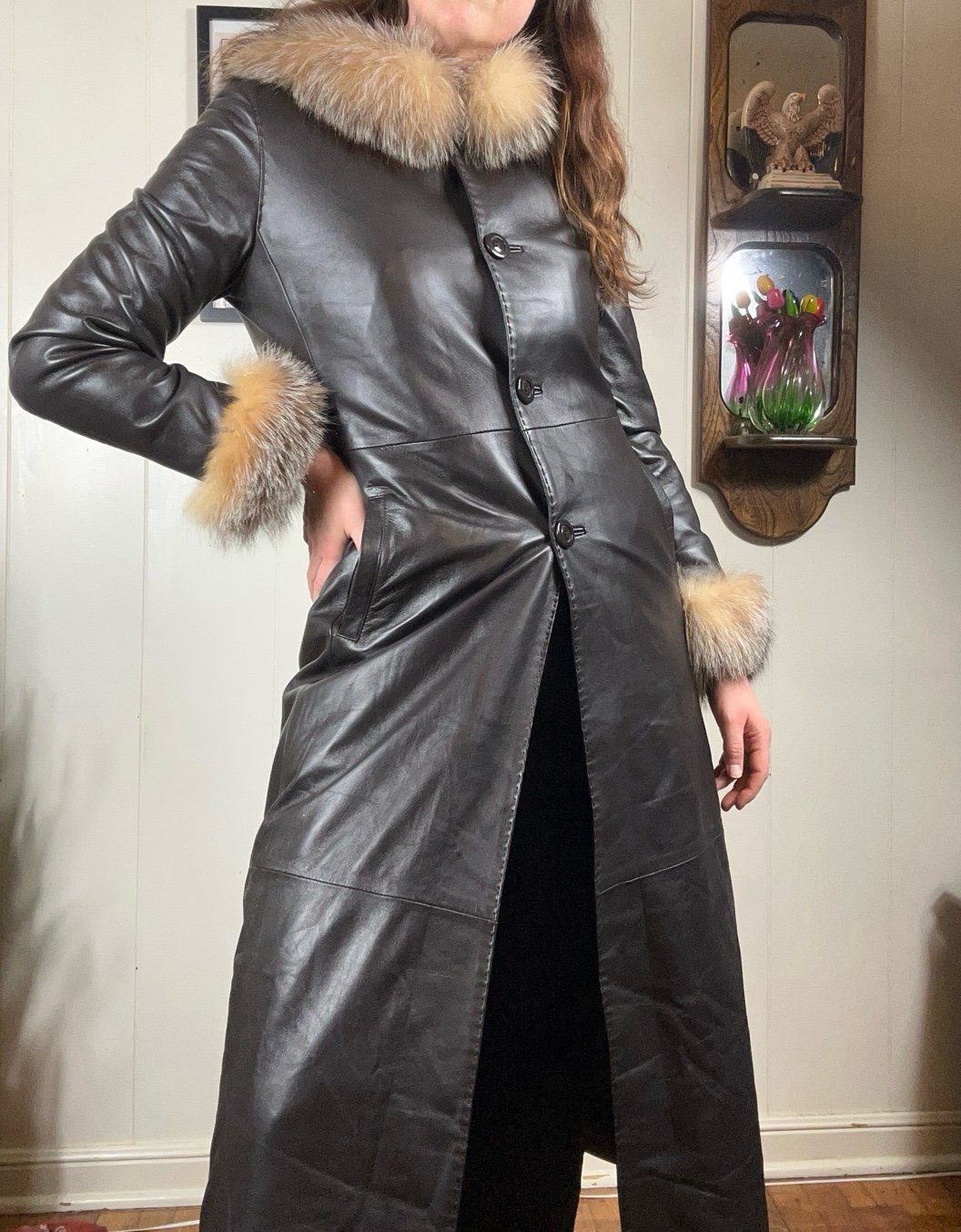 Vintage 70's Small Fox Fur Coat Hooded Leather Coat Penny Lane Coat Trench Coat
