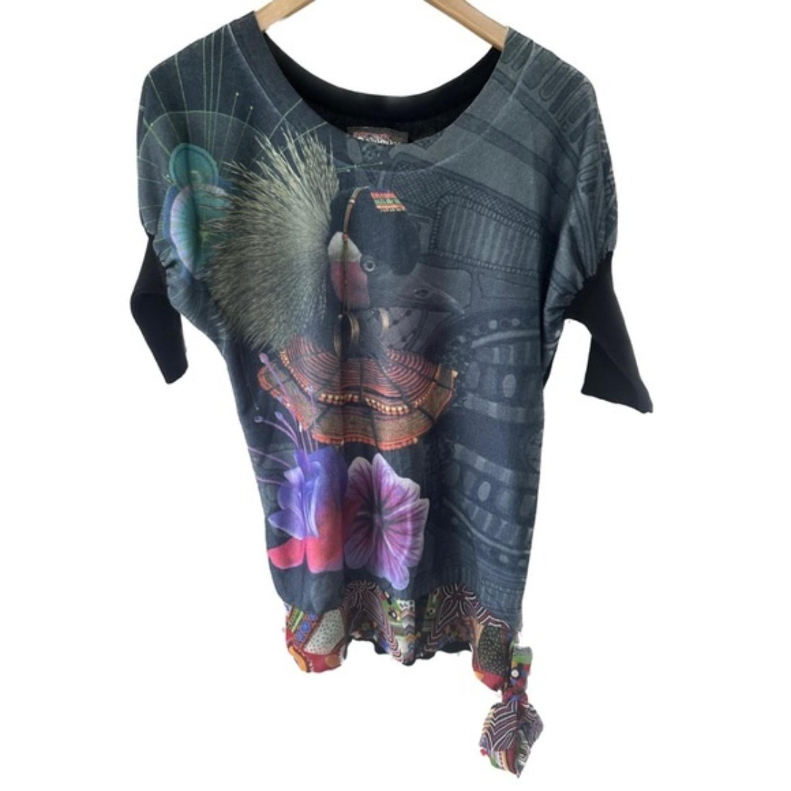 Desigual Loves Knitwear Art Deco Floral Exotic Bird Side Tie Unique Sweater XL