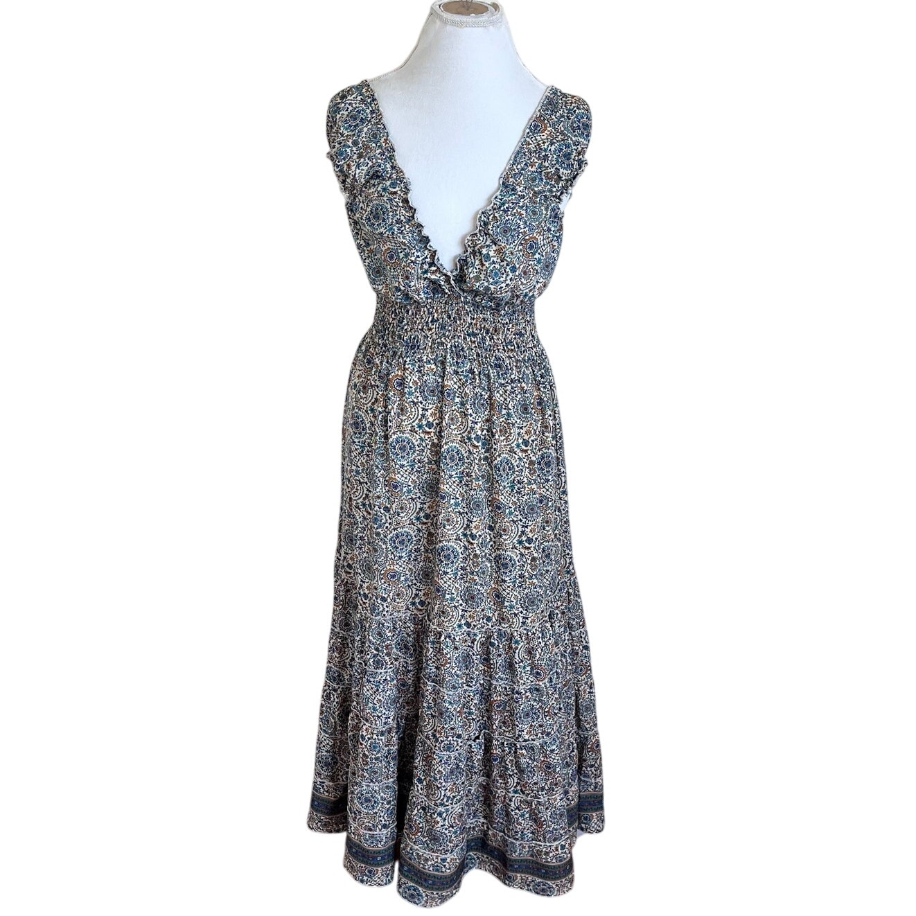 Anthropologie Boemo Babydoll Maxi Dress Medium Floral Boho Hippie Peasant India
