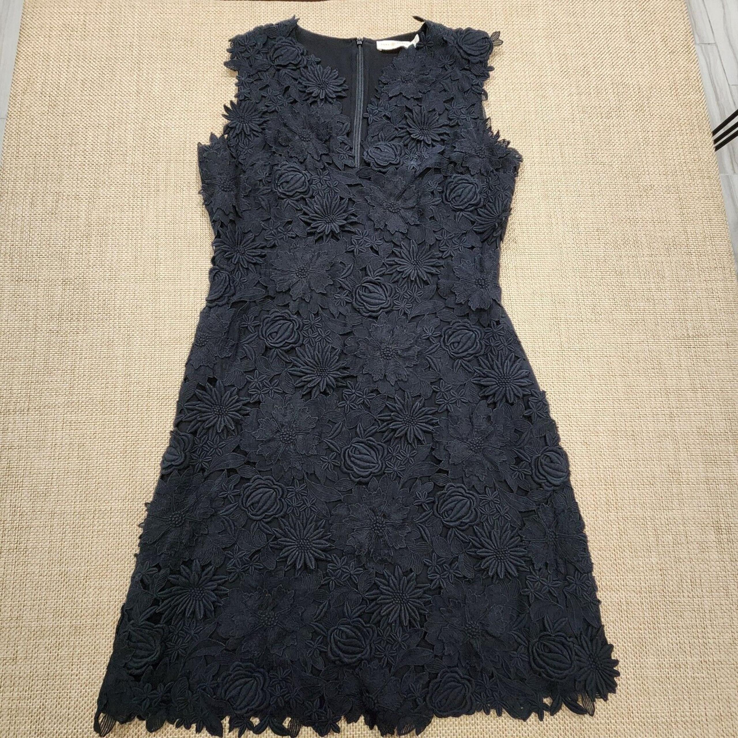 Tory Burch Merida Floral Lace Dress Black Floral V-Neck Sleeveless Mini Sz 8