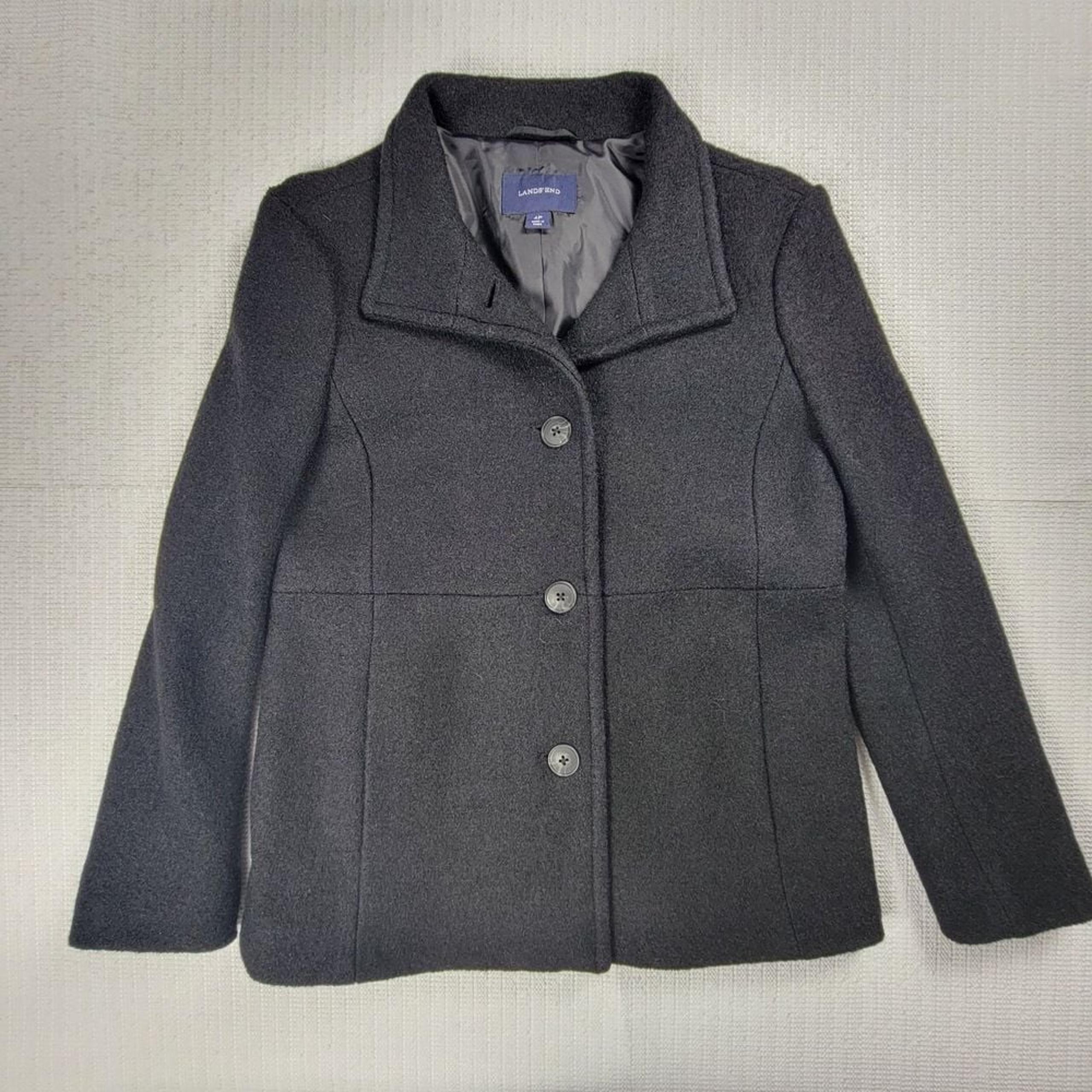 Lands End Wool Blend Short 3 Button Pea Coat Women Size 4P Black Pockets