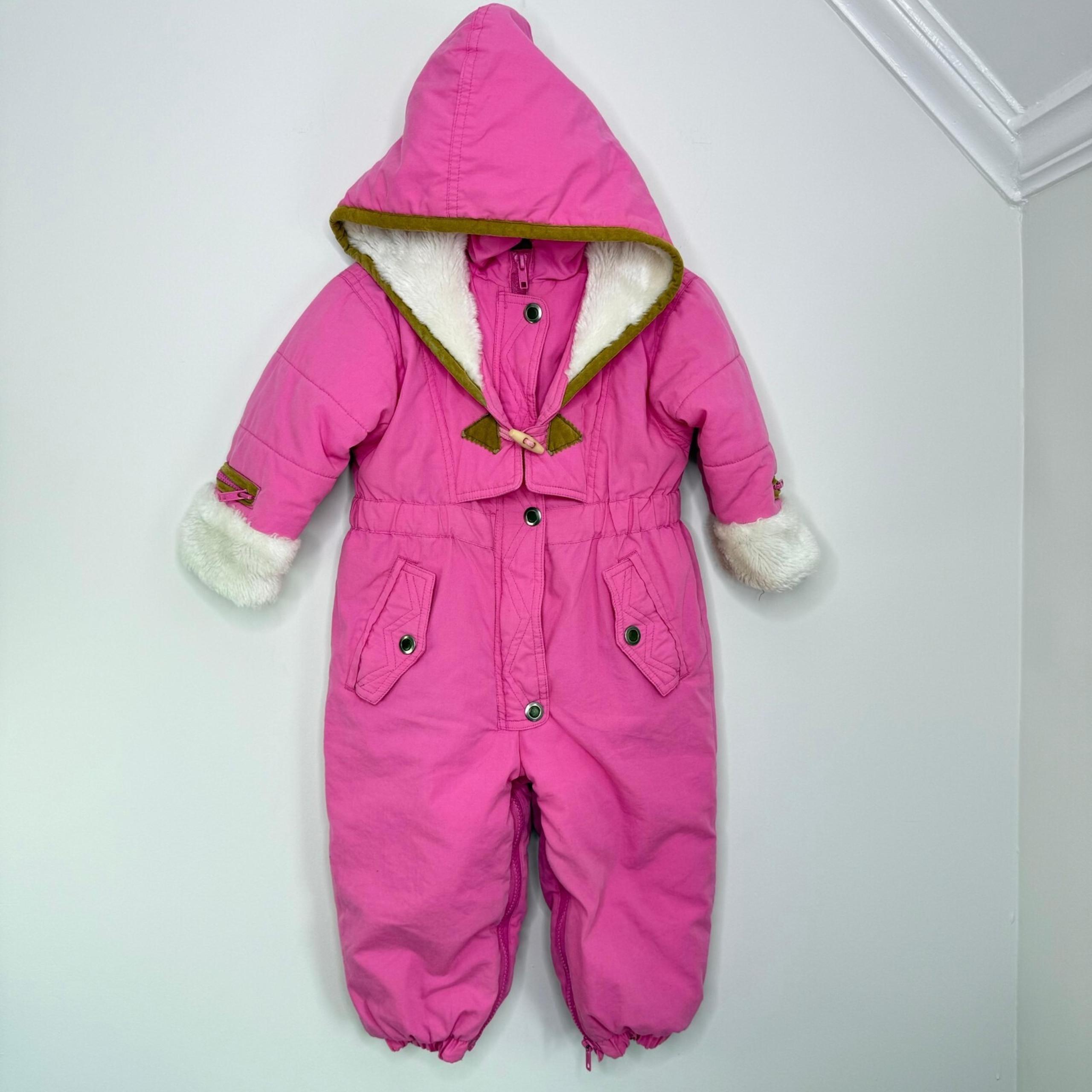 Vintage Sesame Street Pink Snowsuit 24M Baby Girl Hooded Faux Fur Winter Suit