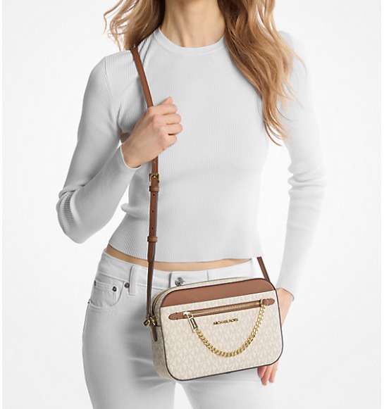 MICHAEL KORS MK SIGNATURE LOGO JET SET LARGE ZIP CHAIN CROSSBODY VANILLA 398