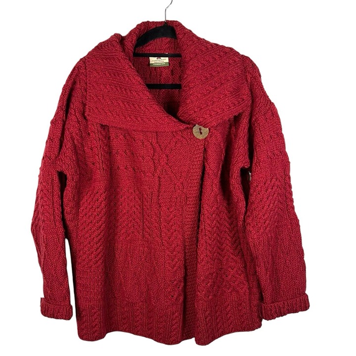 Carraigdonn Womens Cardigan Made in Ireland 100% Merino Wool Red Sweater Size XL