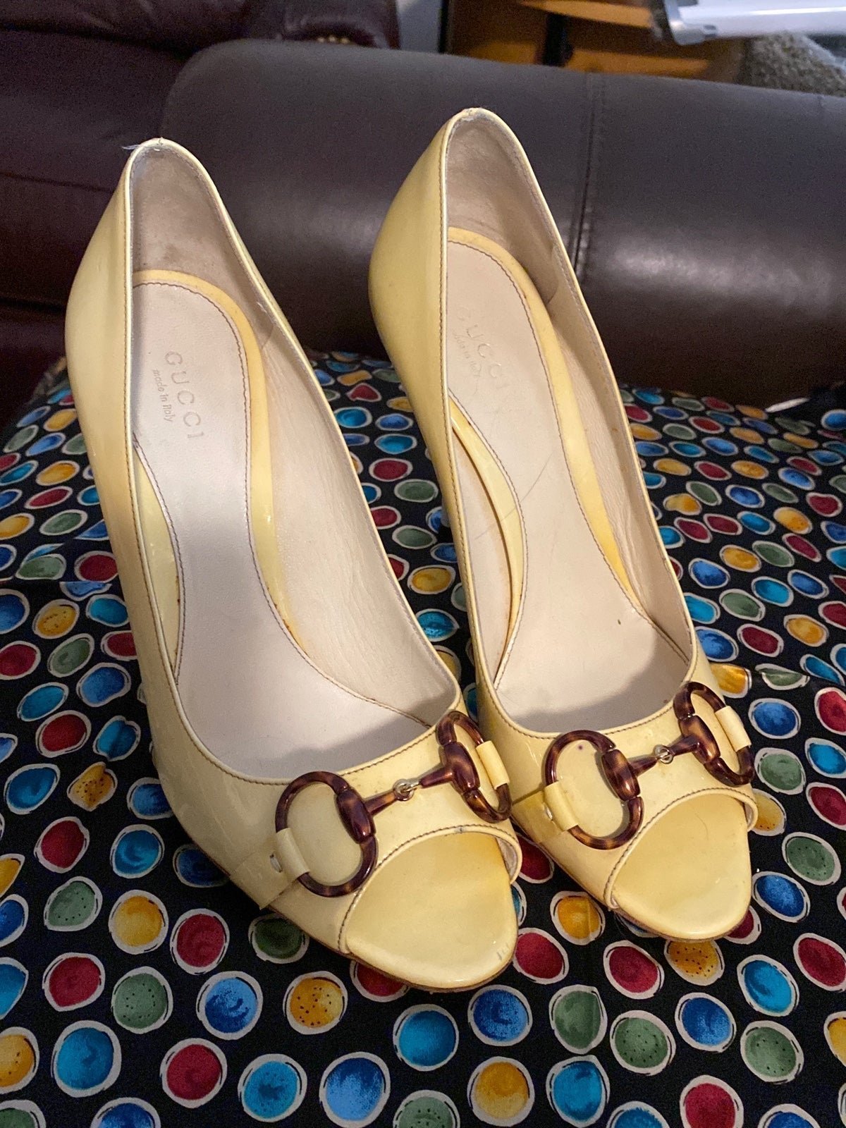 Vintage Gucci tortoise colored horsebit on Canary yellow shoes with white heels