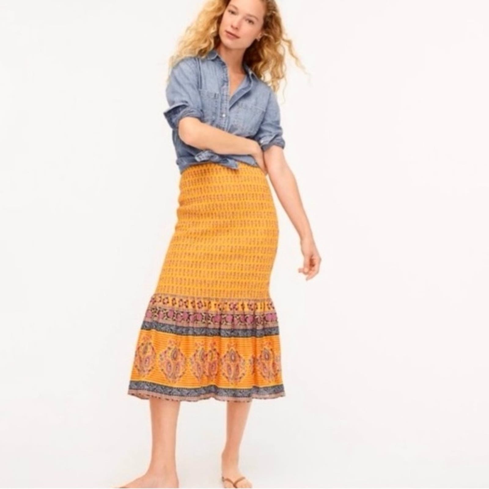J. Crew skirt size 14 Pencil midi prairie yellow Sunny Block Print tiered