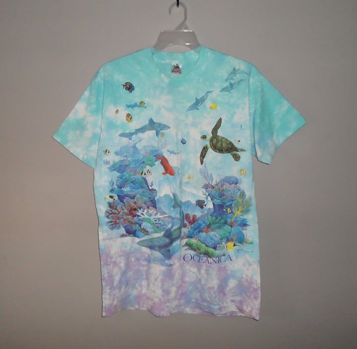 Vintage 1993 Liquid Blue Ocean Tie Dye All Over Print Single Stitch Shirt L 90s