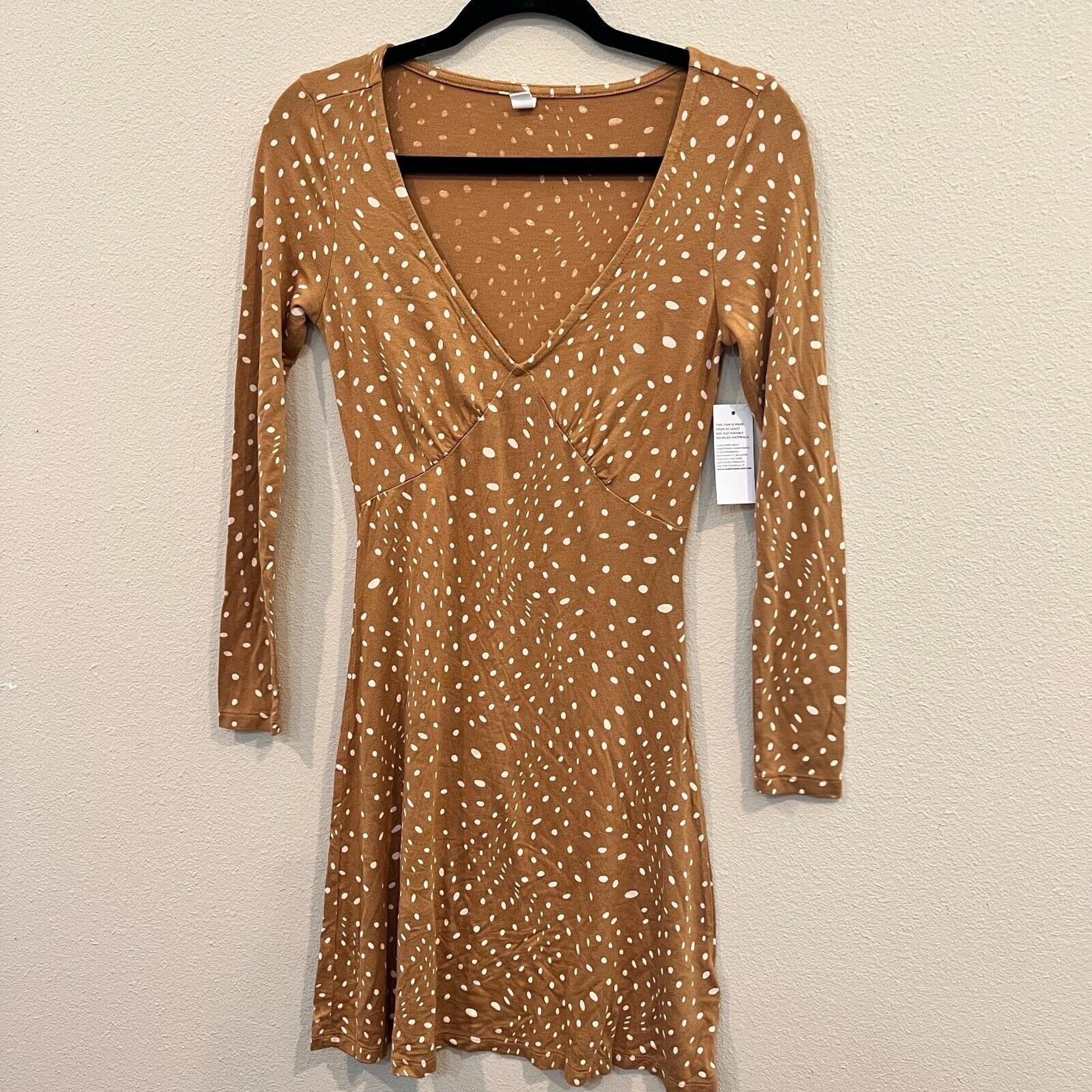 BP Womens Dress Brown Long Sleeve Polka Dot V-Neck Knee Length Size Xtra Small